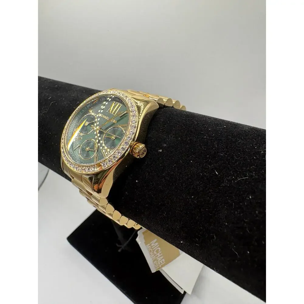 Michael Kors Women Watch Gold Green Dial Roman Numeral Crystal Bezel Nwt Green